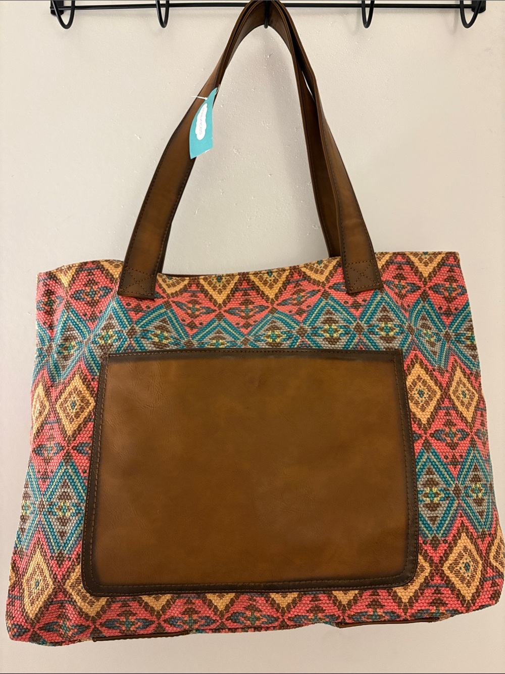 NWT Maurices Multicolor Aztec Boho Beach Office Tote w/Brown Leather Accent